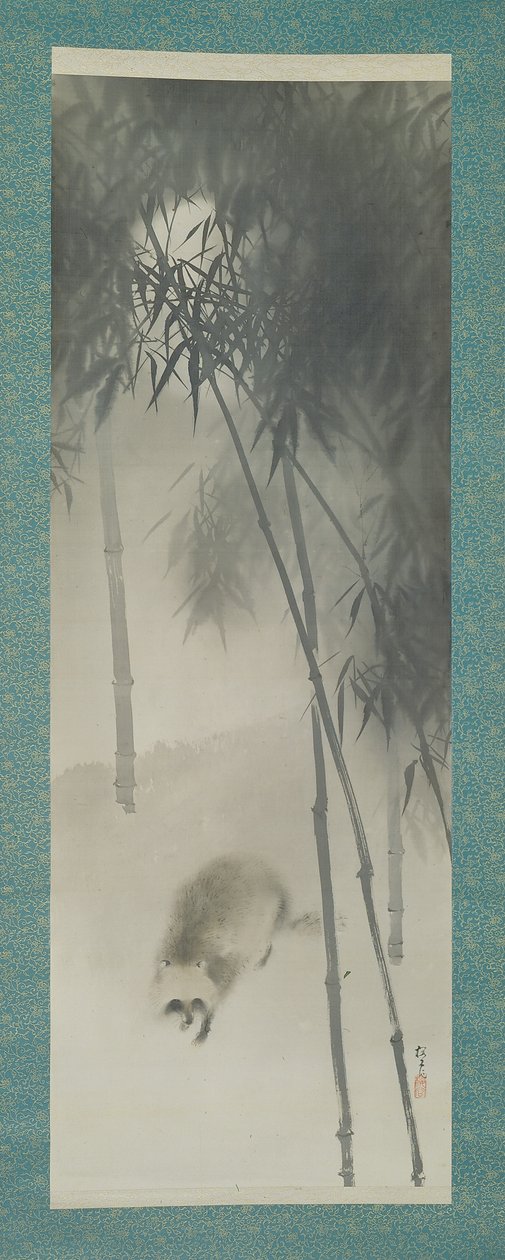 Viejo perro mapache (tanuki) en un denso bosque de bambú, principios del siglo XX (tinta sobre seda) de Okoku Konoshima