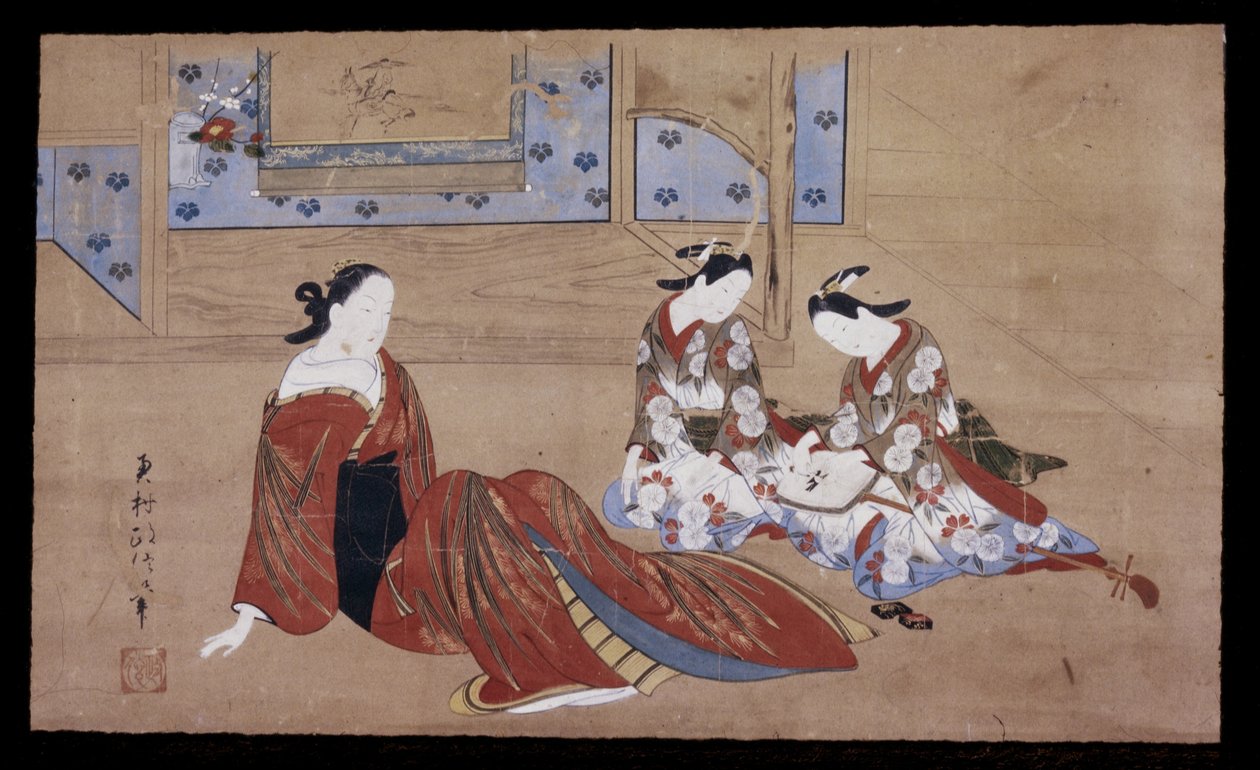 Nikuhitsu ukiyo-e: Cortesana y Dos Asistentes, c. 1735 de Okumura Masanobu