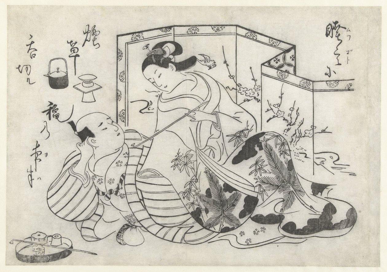 Hombre y mujer japoneses fumando frente a un biombo de Okumura Masanobu (attributed to)