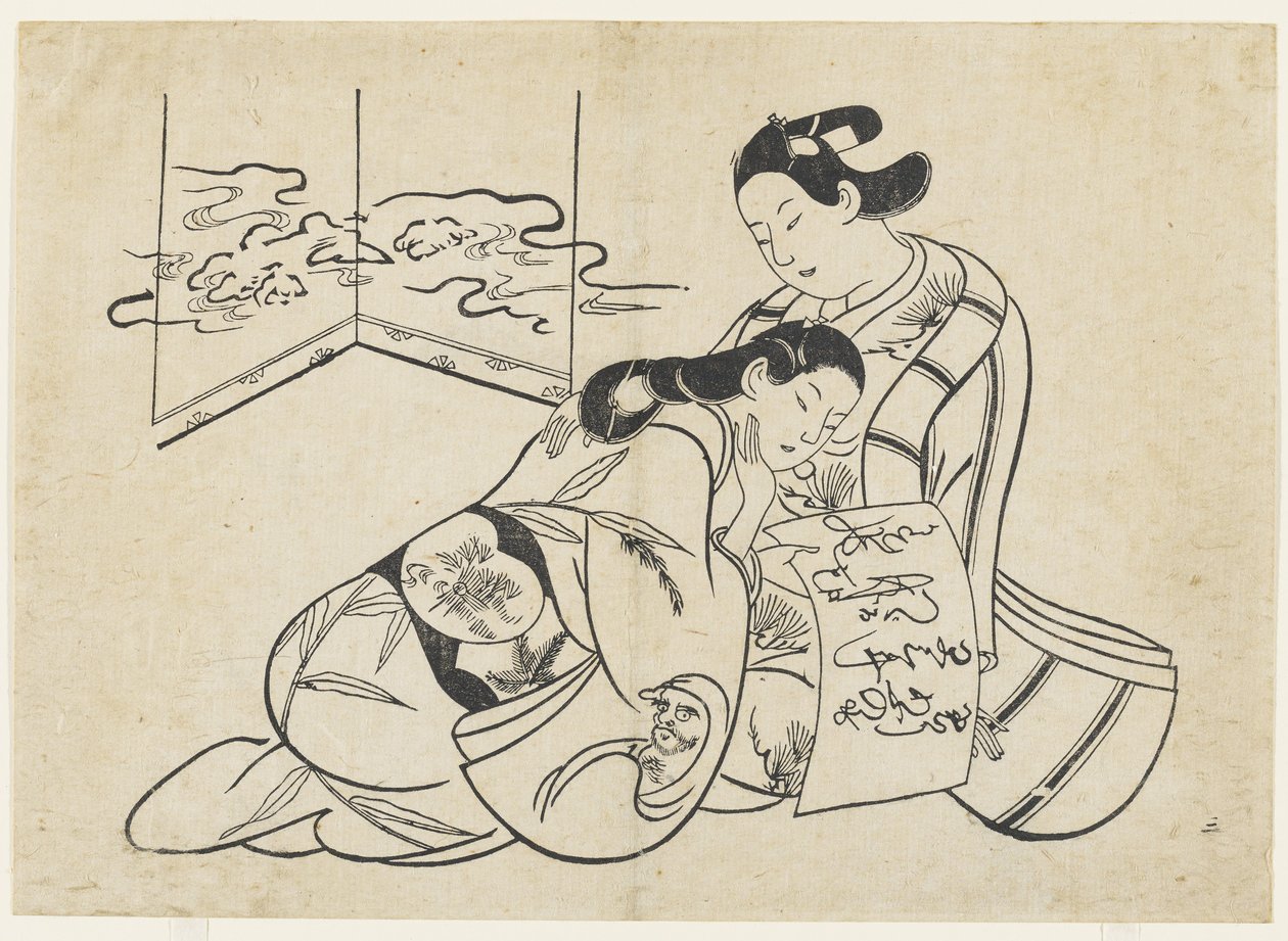 (Amantes como mitate de Daruma cruzando el río Yangtsé sobre una caña) de Okumura Masanobu