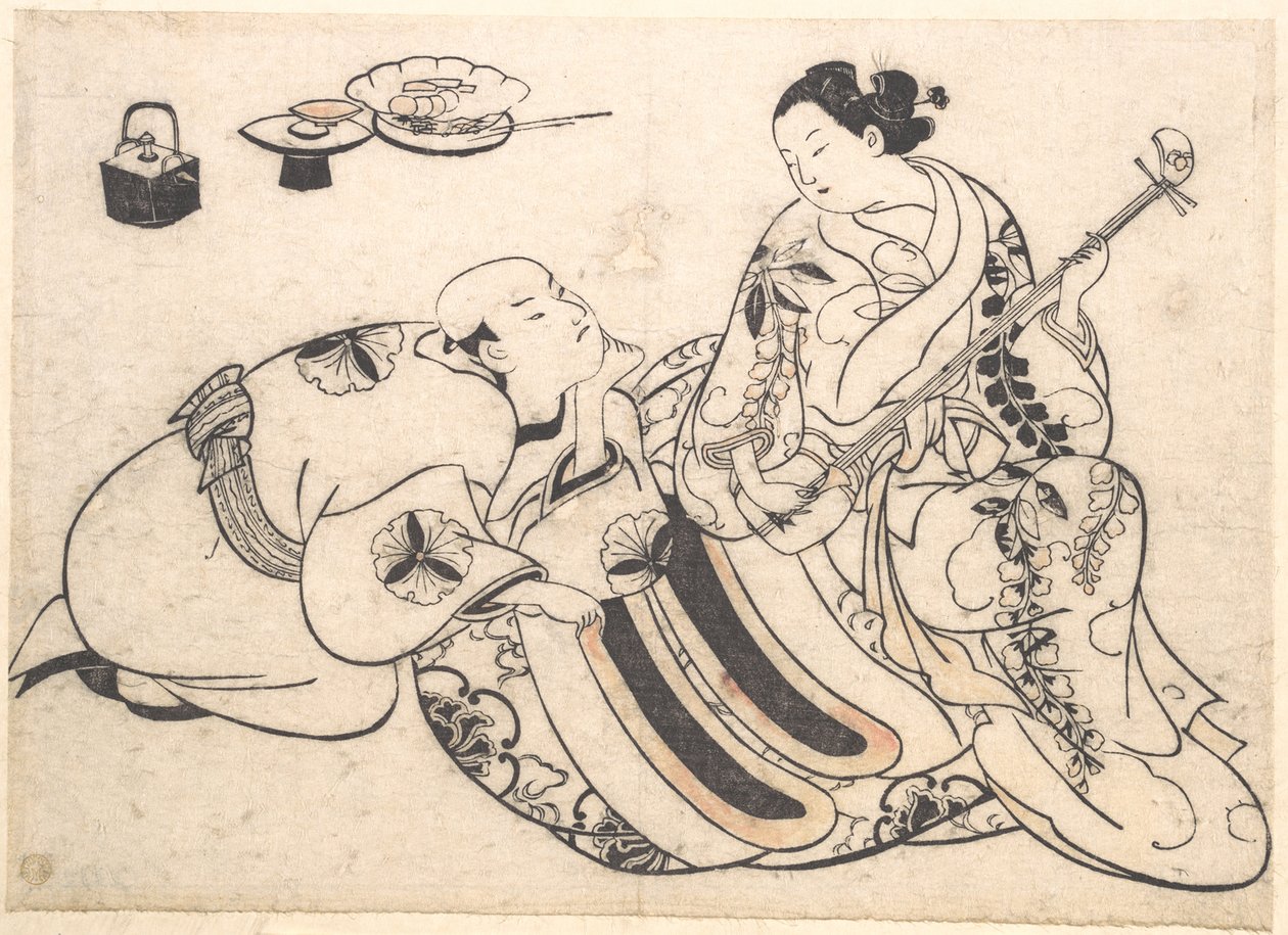 Un hombre arrodillado, inclinado hacia delante y escuchando a una oiran que toca el shamisen de Okumura Masanobu