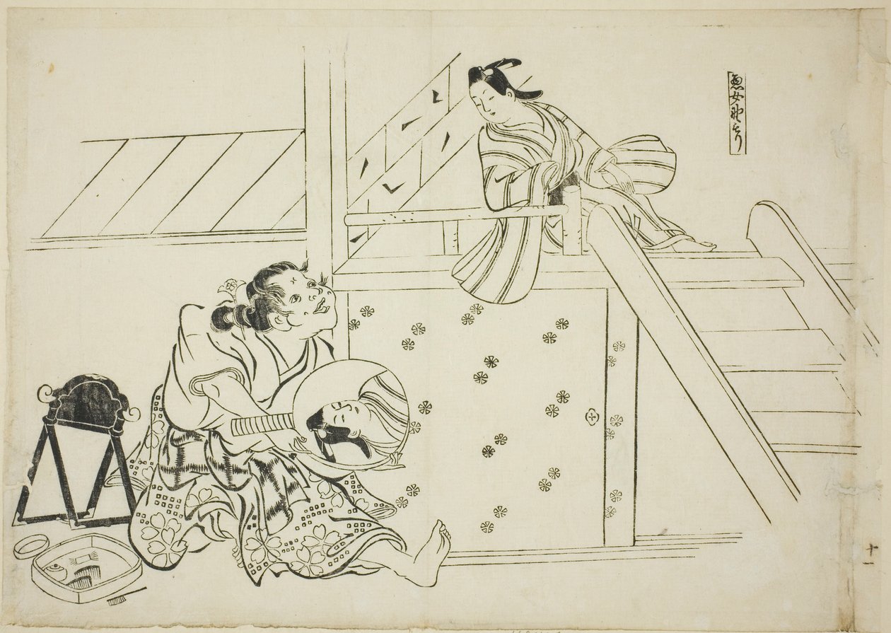 Una mujer Nomori (Onna Nomori), nº 11 de una serie de 12 grabados que representan parodias de obras de teatro de Okumura Masanobu