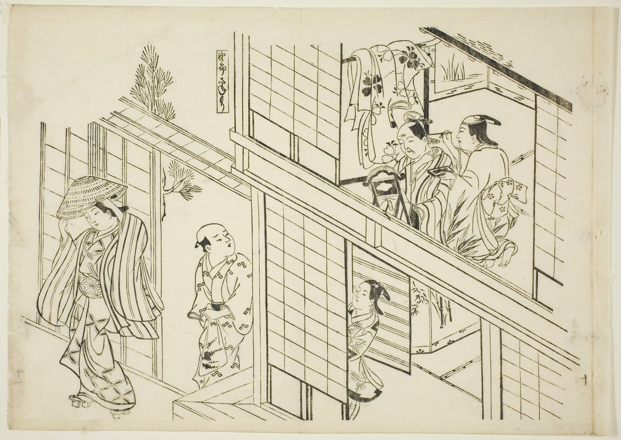 Un Joven Sanemori (Yaro Sanemori), no. 10 de una serie de 12 grabados que representan parodias de obras de teatro de Okumura Masanobu