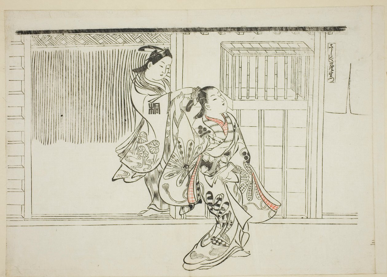 Peine Rashomon (Sashigushi Rashomon), no. 3 de una serie de 12 grabados que representan parodias de obras de teatro de Okumura Masanobu
