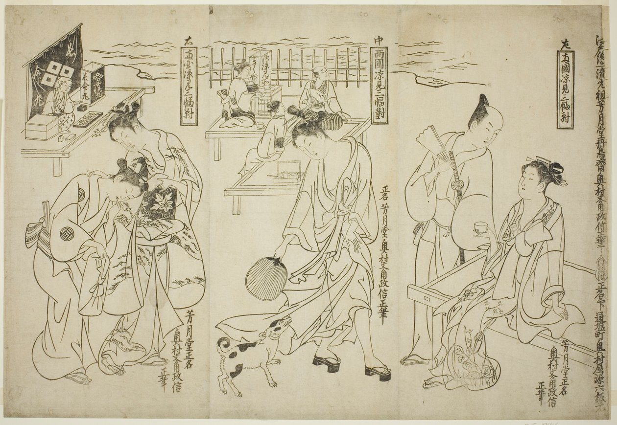 Refrescándose en Ryogoku: Un Conjunto de Tres (Ryogoku suzumi sanpukutsui) de Okumura Masanobu
