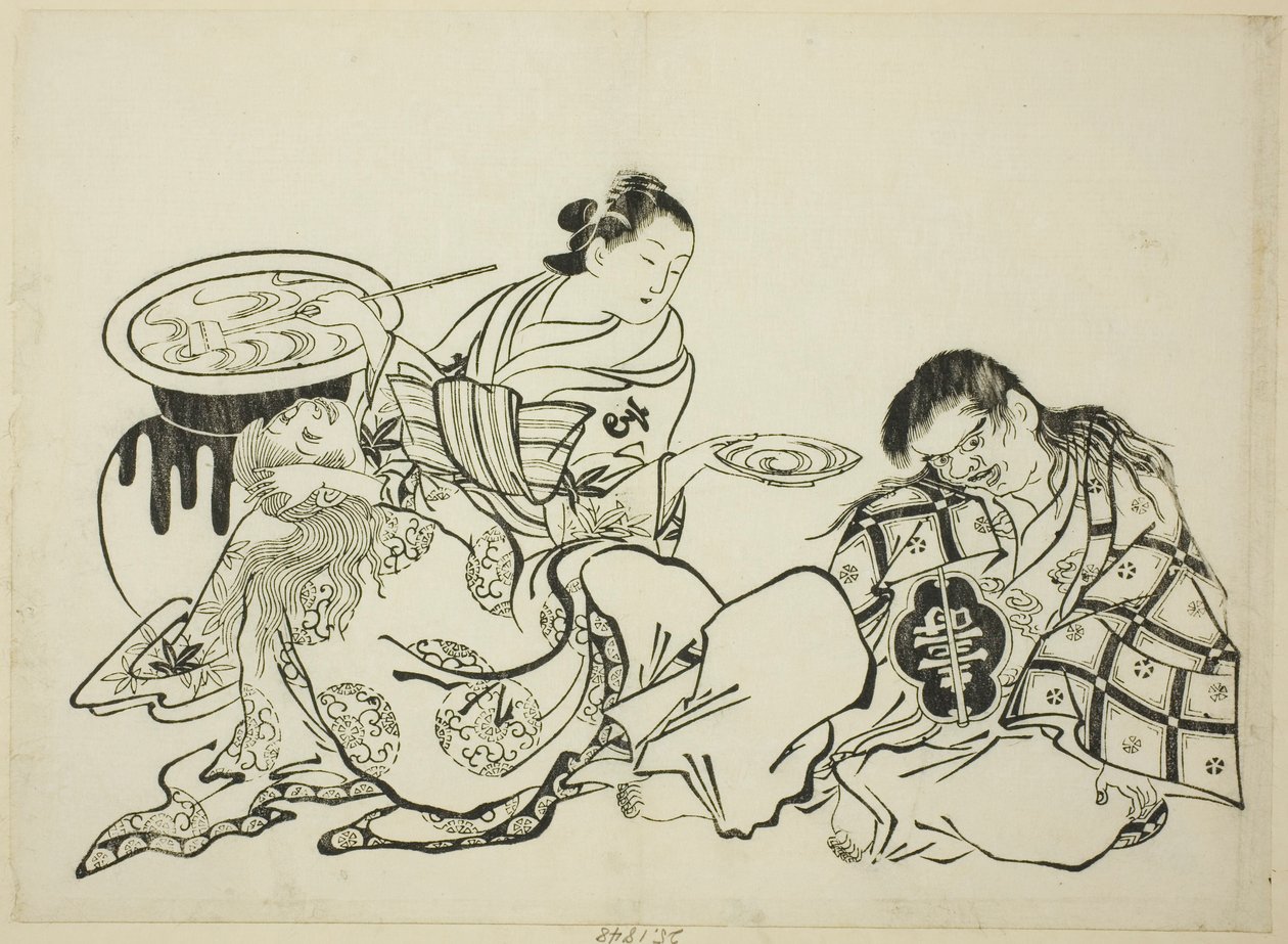 Cortesana sirviendo sake a Shojo, no. 4 de una serie de 12 impresiones de Okumura Masanobu