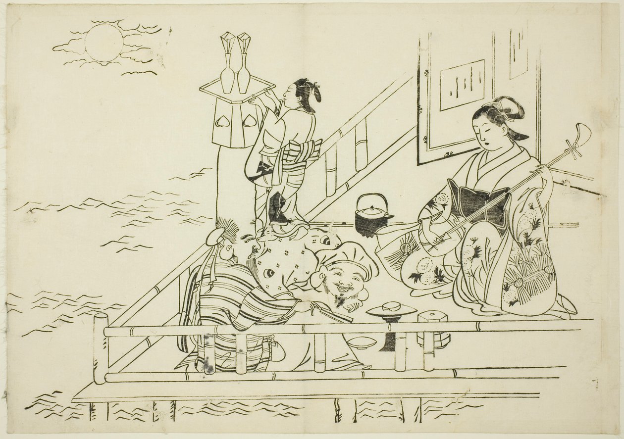 Cortesana entreteniendo a Daikoku y Fukurokuju, no. 10 de una serie de 12 impresiones de Okumura Masanobu