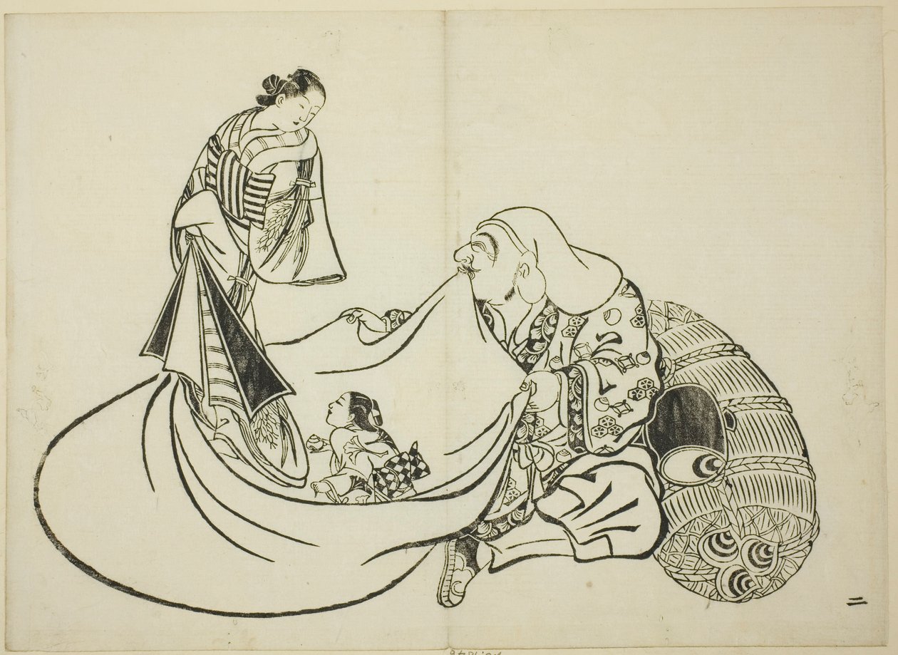 Daikoku revelando el contenido de la bolsa de Hotei, nº 2 de la serie de 12 grabados de Okumura Masanobu