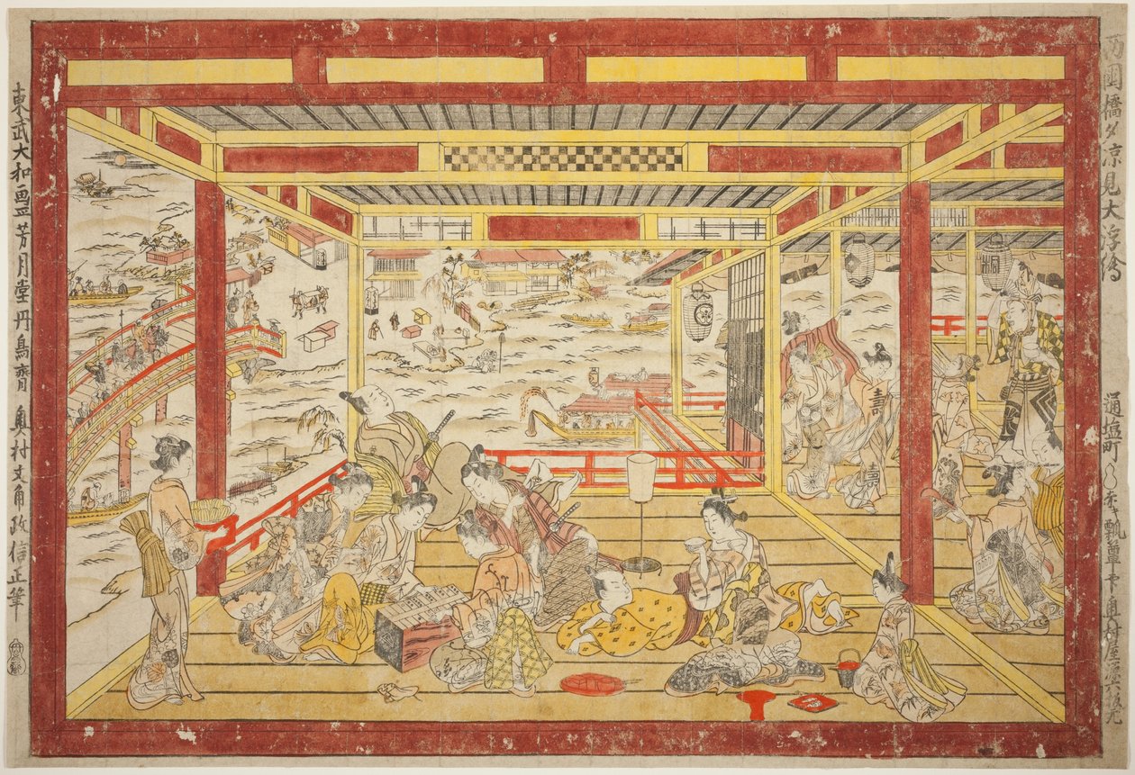 Disfrutando del Frescor de la Tarde cerca del Puente Ryogoku (Ryogoku bashi yusuzumi uki-e) de Okumura Masanobu