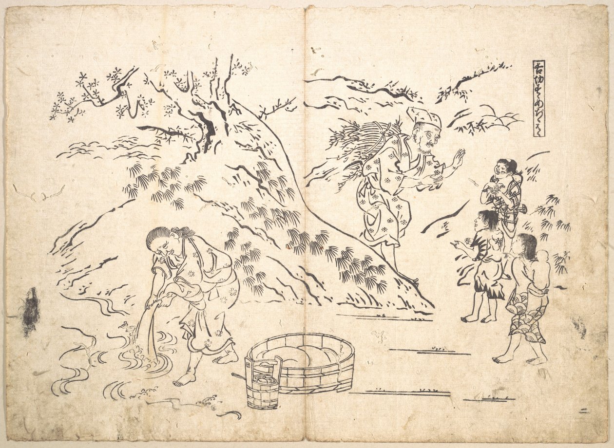 Un recogedor de leña encuentra a un niño con un gorrión de Okumura Masanobu