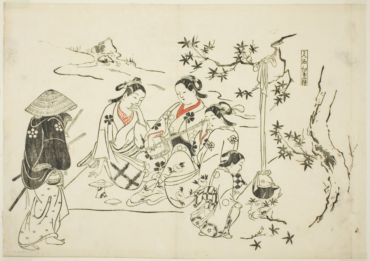Calentando sake con hojas de arce (Kanzake momijigari), nº 9 de una serie de 12 grabados que representan parodias de obras de teatro. de Okumura Masanobu