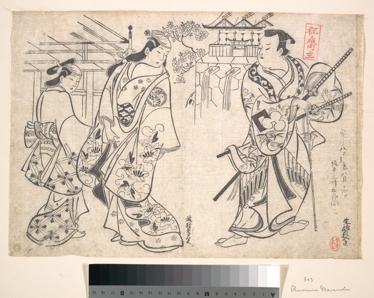 Ikushima Shingoro como Bushi (samurái) y Ogino Yaegiri como mujer con una joven acompañante de Okumura Masanobu