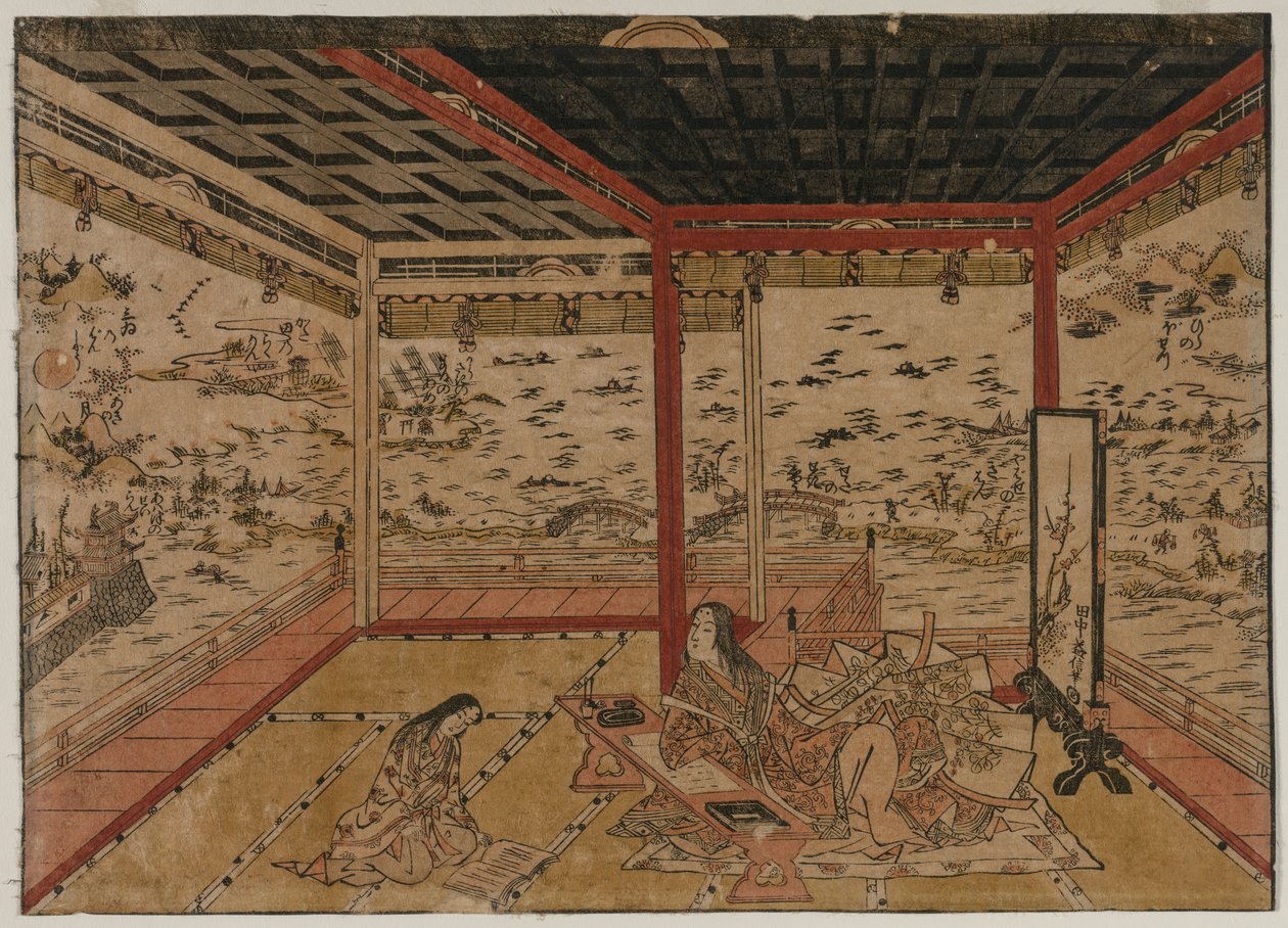 Lady Murasaki en Ishiyama contemplando un panorama con siete vistas del lago Biwa, 1740s de Okumura Masanobu