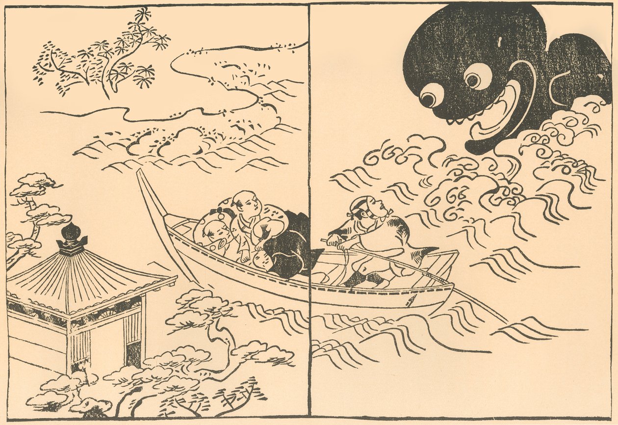 Hombres en un bote amenazados por un monstruo marino, principios-mediados del siglo XVIII de Okumura Masanobu