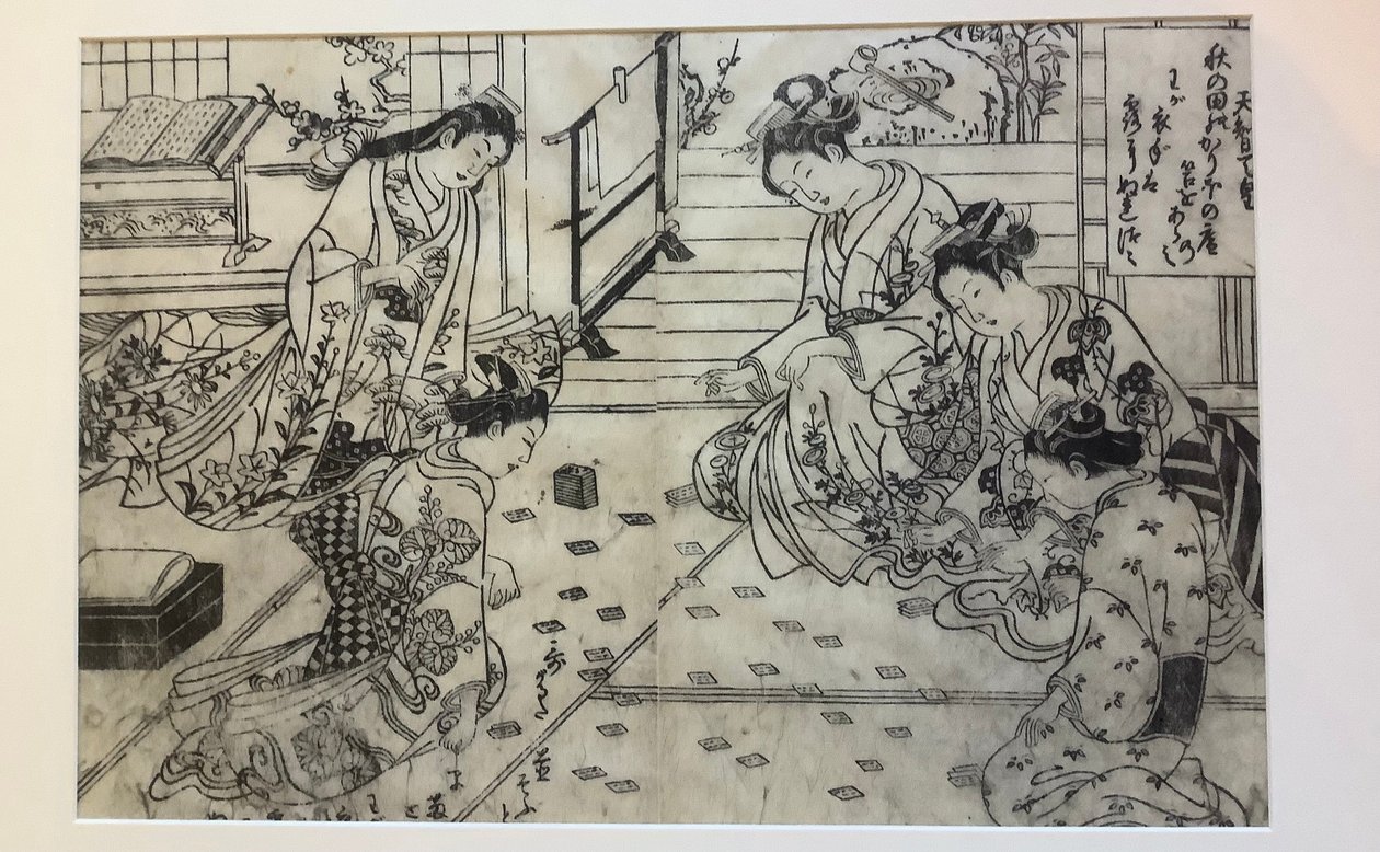 Parodia de las manos: mujeres jugando al juego de cartas Cien poemas, un poeta cada uno, ilustración a doble página de Cien poemas, un poeta cada uno de Okumura Masanobu