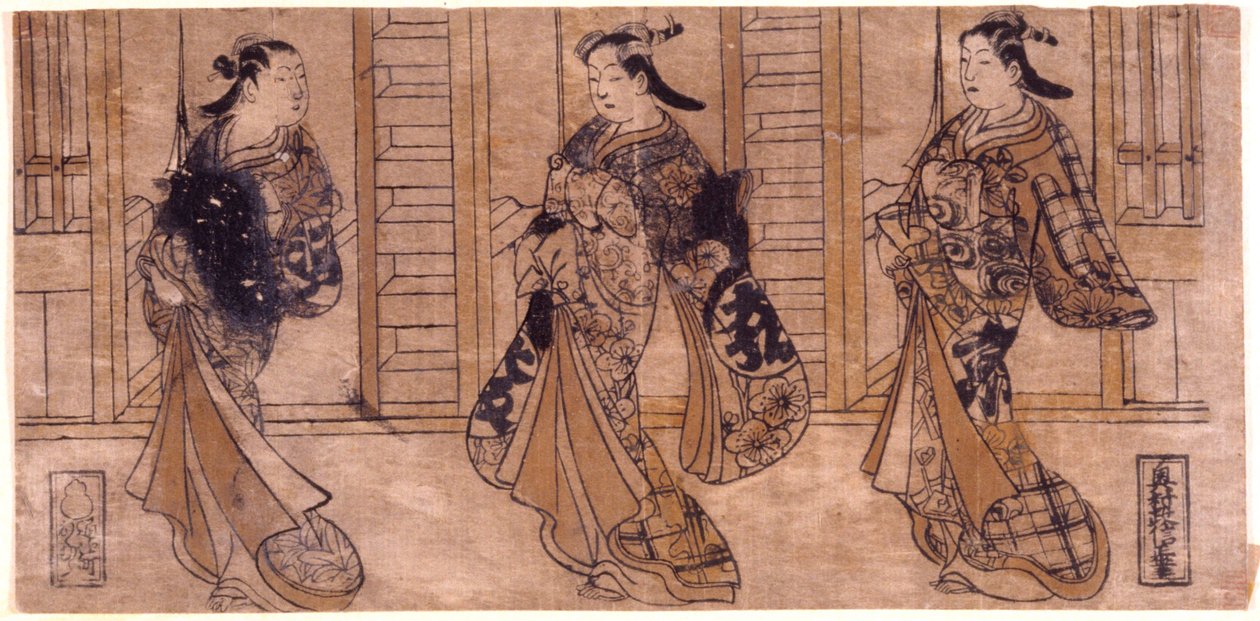 Sin título: 3 cortesanas paseando de Okumura Masanobu