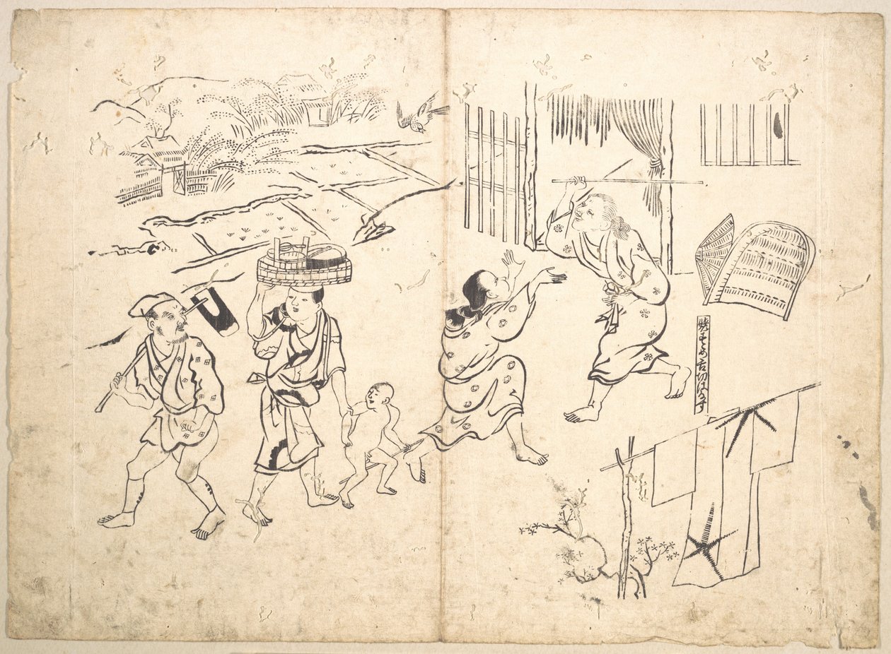 Mujer persiguiendo a un gorrión de Okumura Masanobu