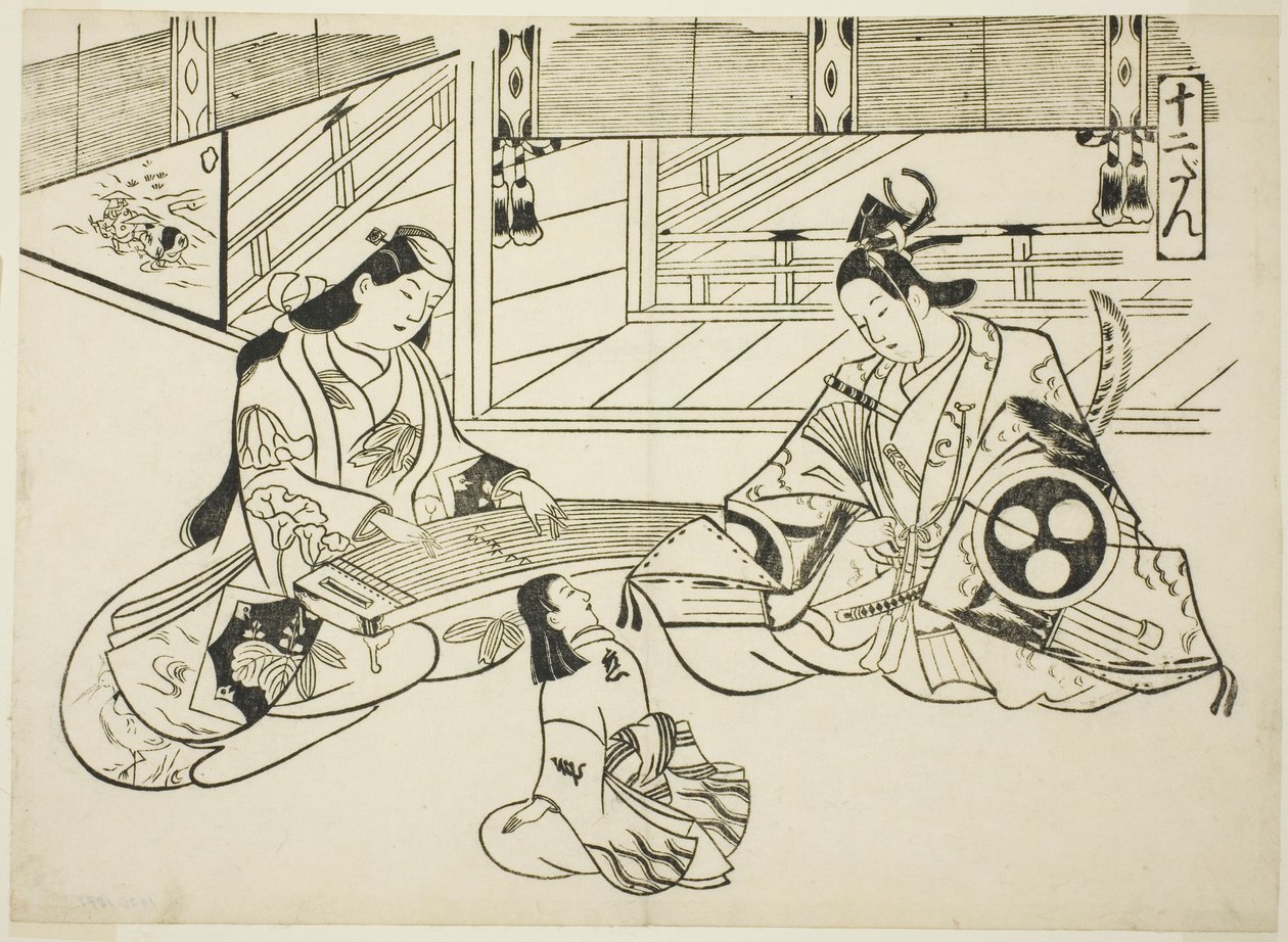 Yoshitsune (Ushiwaka) y la princesa Joruri, de la serie "Escenas famosas de obras de teatro de marionetas japonesas (Yamato irotake)" de Okumura Masanobu
