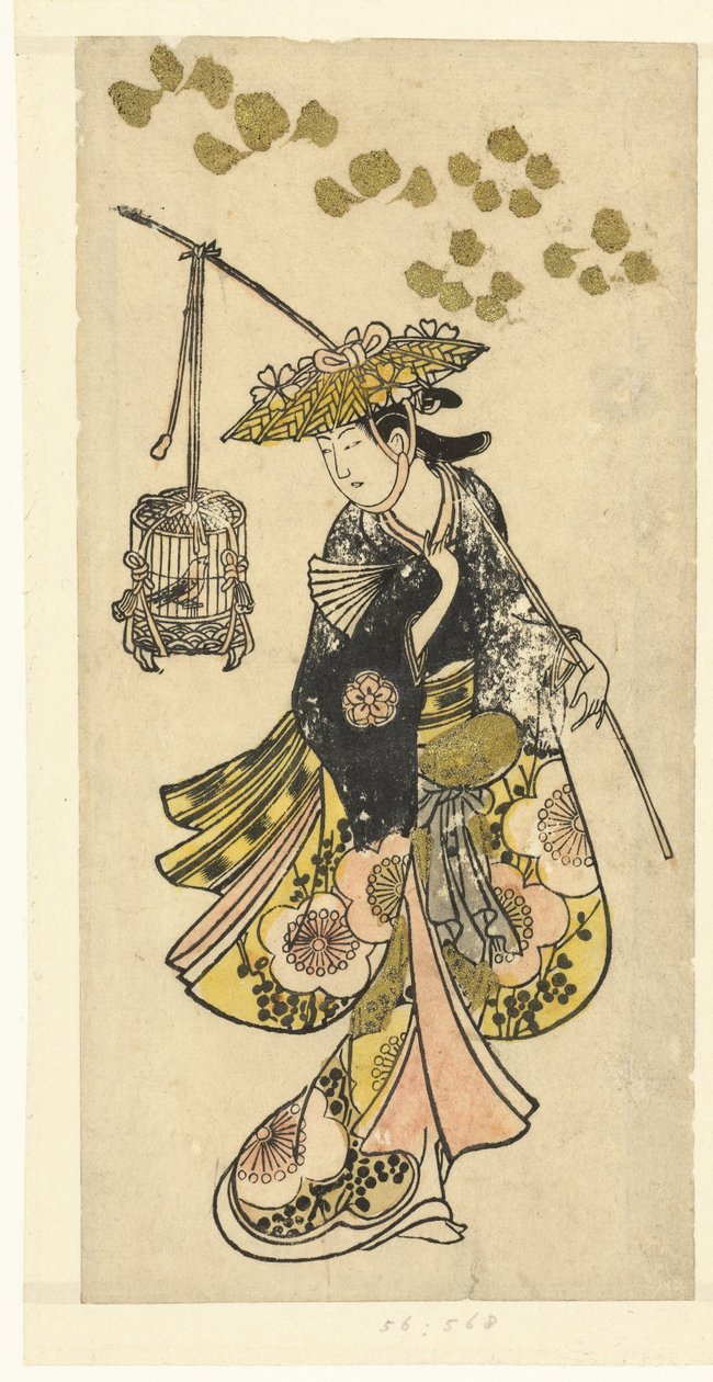 Mujer joven con jaula de Okumura Toshinobu (attributed to)