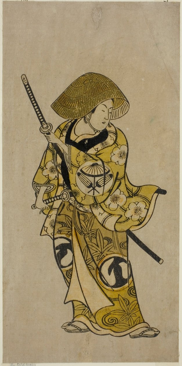 El actor Sawamura Kamesaburo como Nagoya Kosanza en la obra "Keisei Fukubiki Nagoya," representada en el Teatro Nakamura en el primer mes, 1731 de Okumura Toshinobu