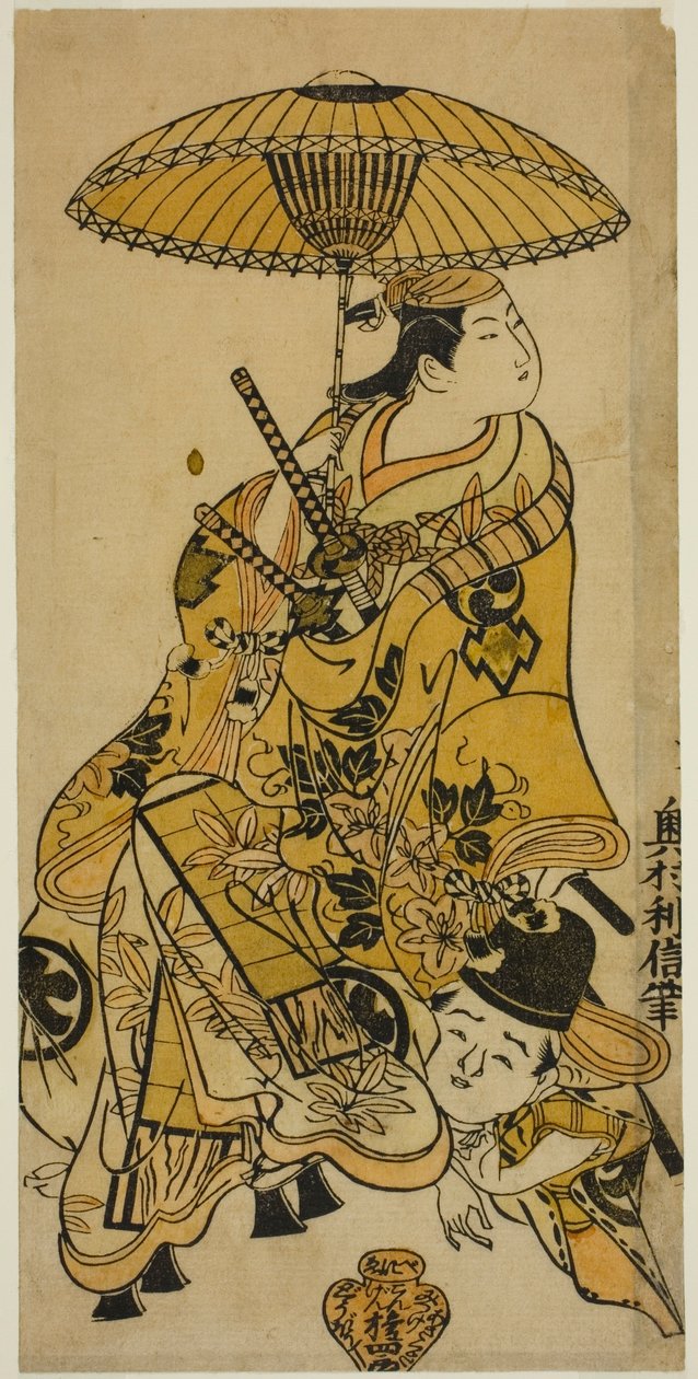 Los actores Nakamura Takesaburo como Shikishi Naishinno y Tsuruya Nanboku como Gengoro en la obra "Tategami Teika Kazura," representada en el Teatro Ichimura en el undécimo mes de 1719 de Okumura Toshinobu