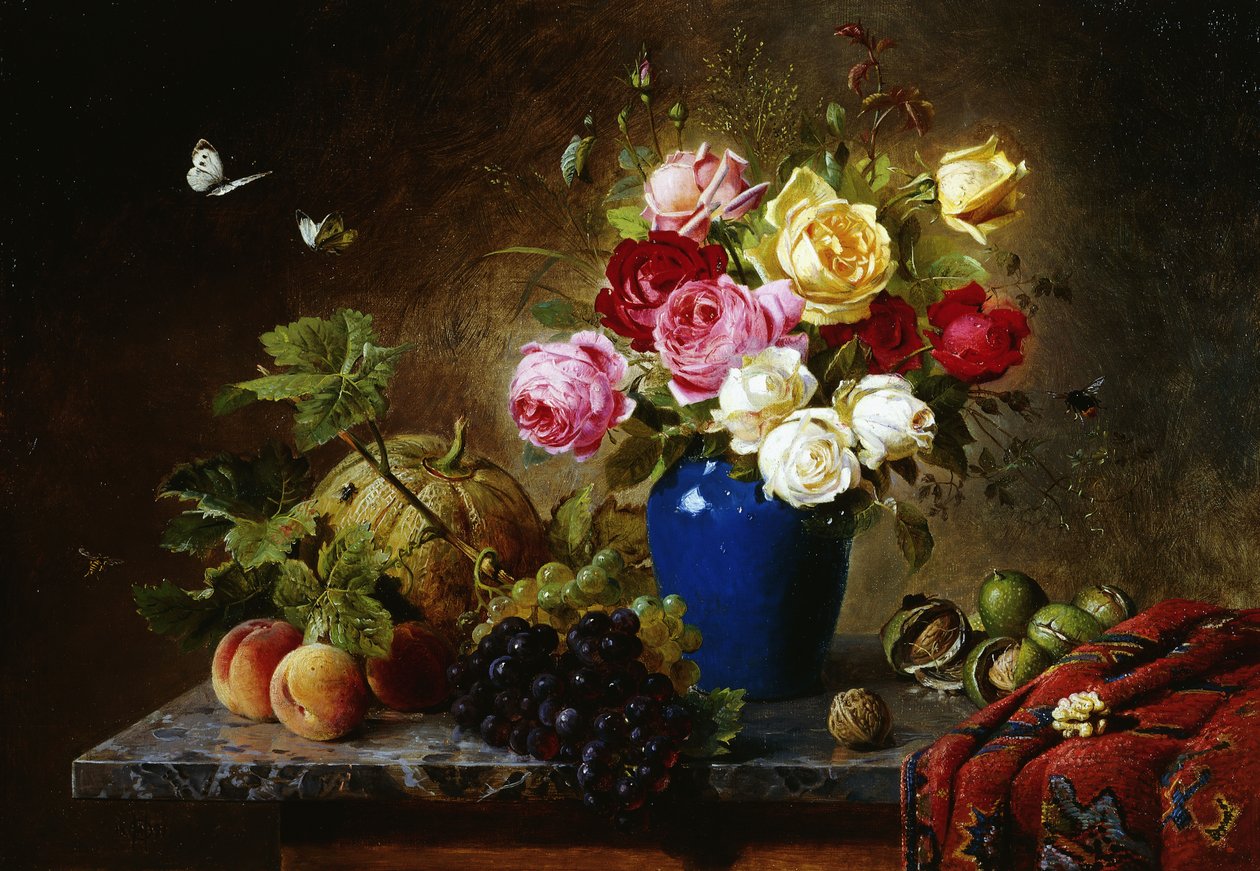 Rosas en un jarrón, duraznos, nueces y un melón en un borde de mármol de Olaf August Hermansen