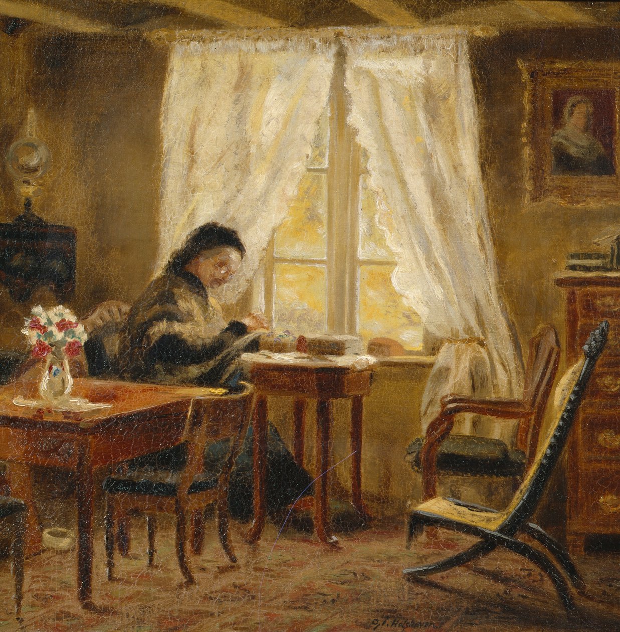 La madre del artista en la sala de estar, Holskogen (óleo sobre lienzo) de Olaf Isaachsen