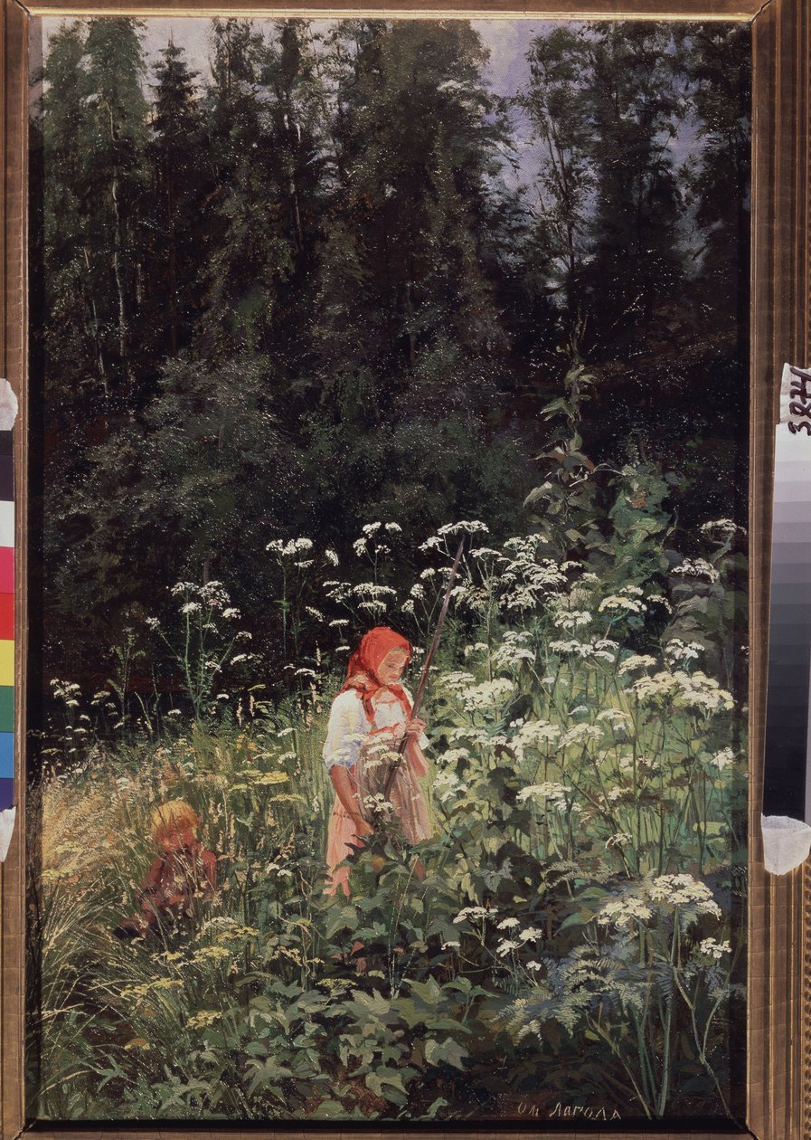 Niña frente a un penacho de hierba (Niña en un penacho de hierba). Pintura de Olga Antonovna Lagoda Shishkina (1850-1881), óleo sobre lienzo de Olga Antonova Lagoda Shishkina