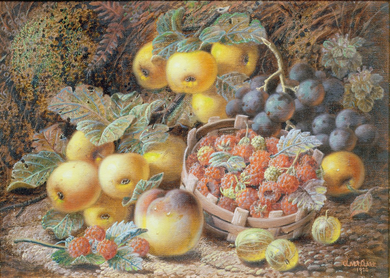 Bodegón de manzanas, uvas, frambuesas, grosellas y melocotón de Oliver Clare
