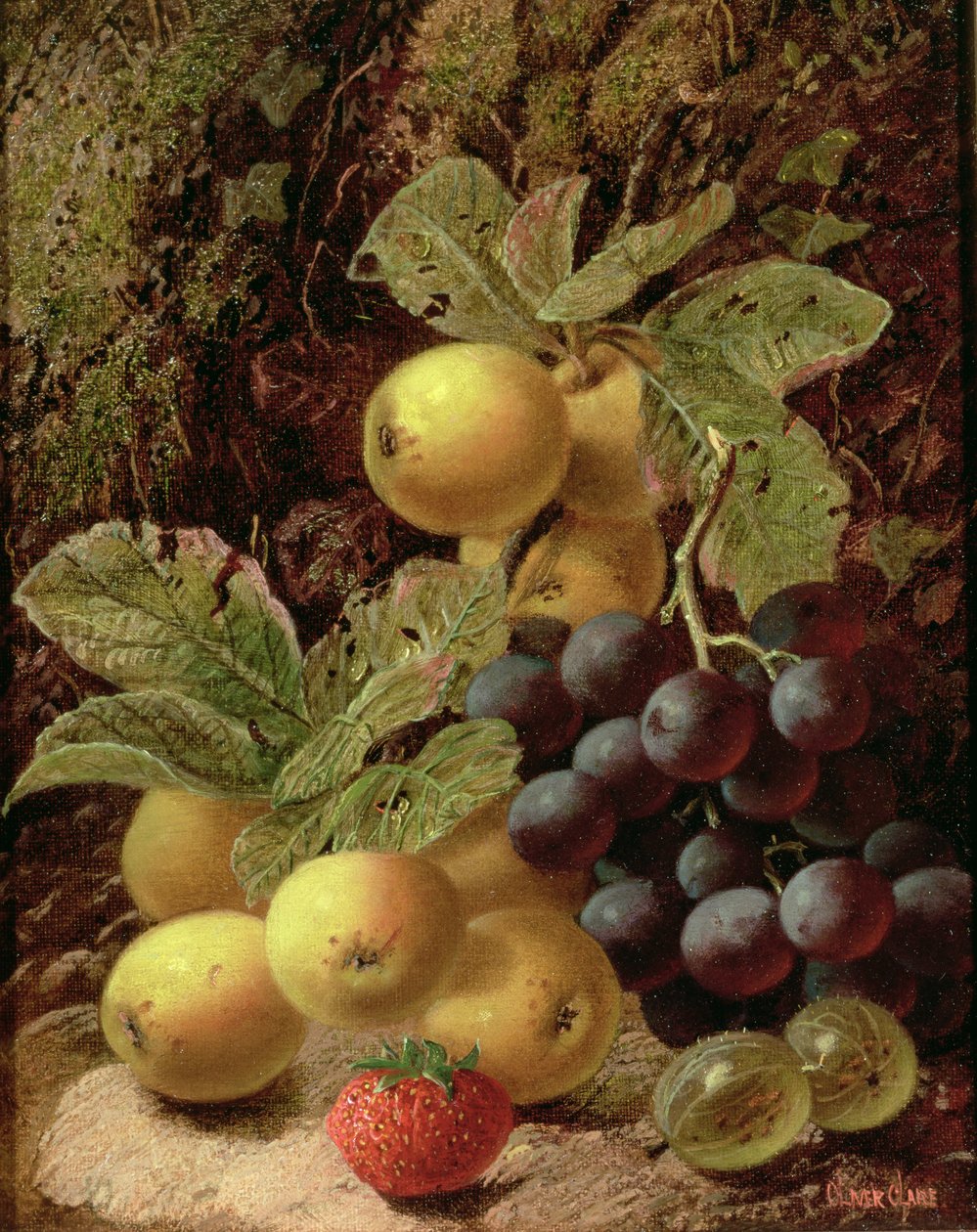 Naturaleza muerta con manzanas, uvas, fresa y grosella de Oliver Clare
