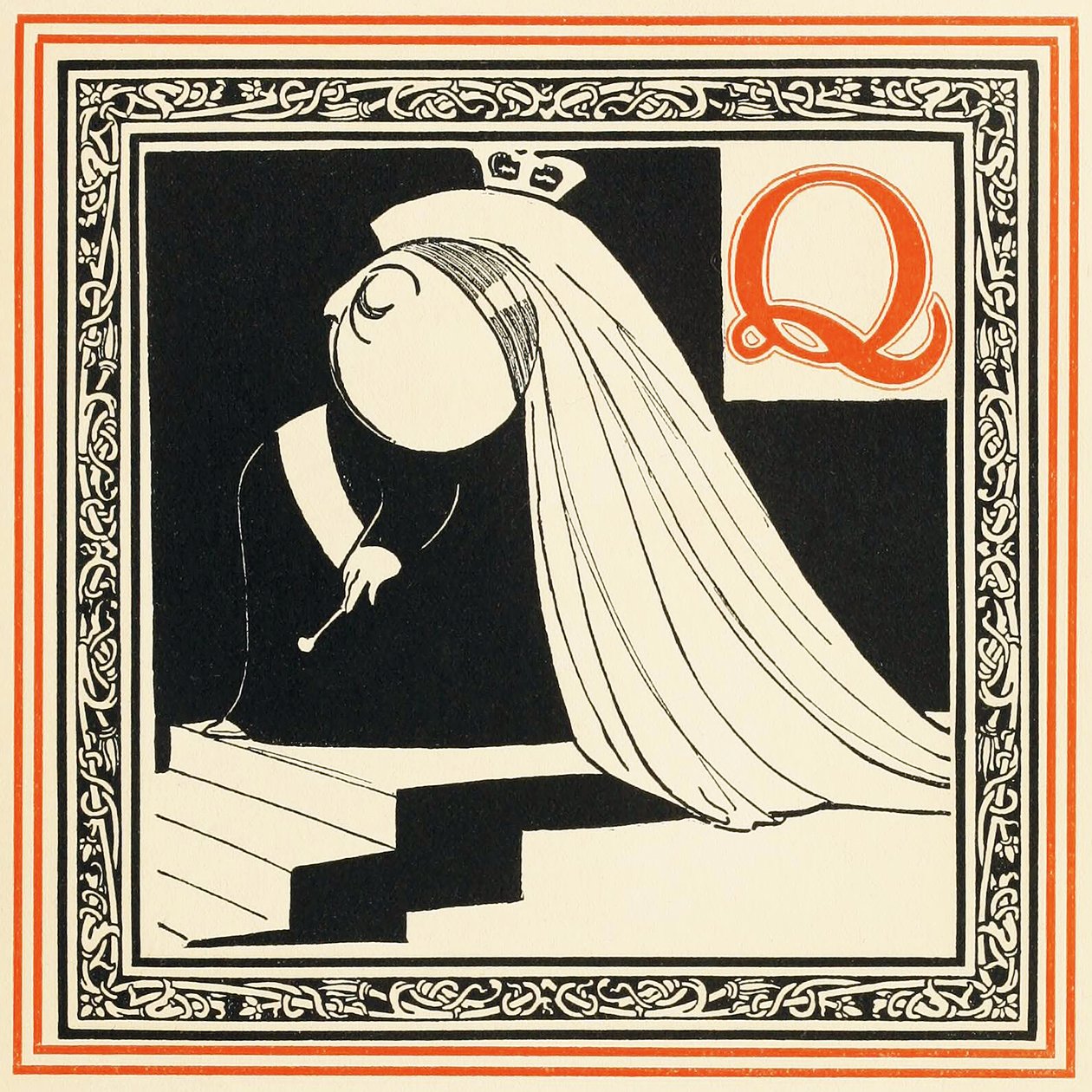 Q es la Reina, tan noble y libre, de Un alfabeto de celebridades, pub. 1899 de Oliver Hereford