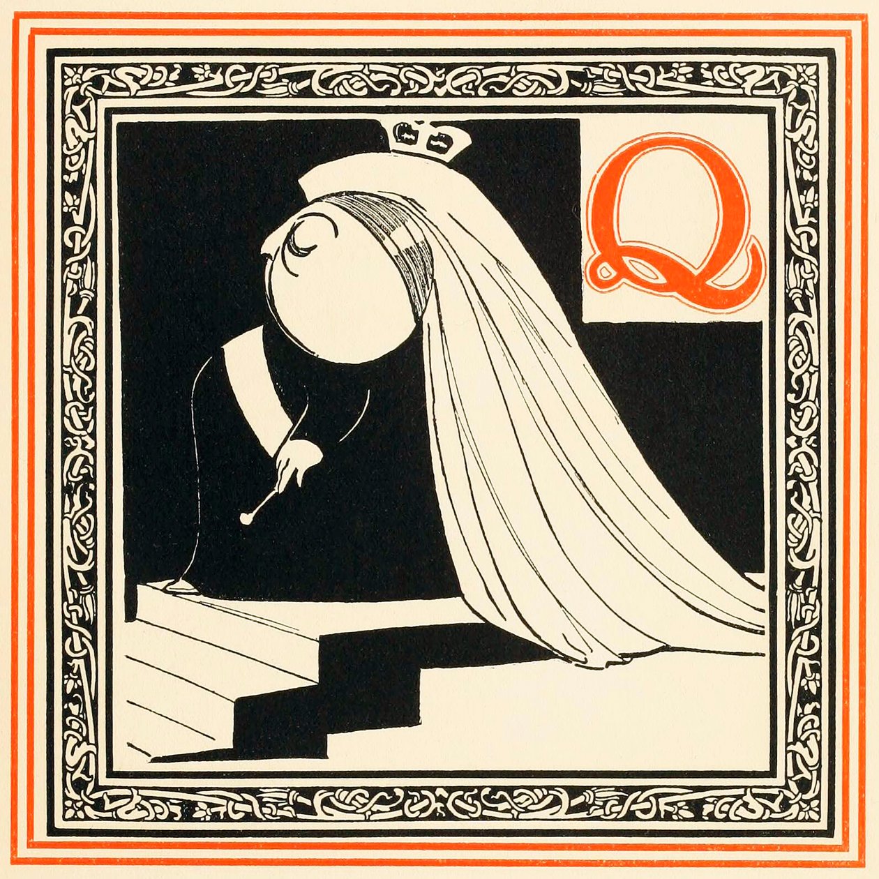 Q es la Reina, tan noble y libre, de Un alfabeto de celebridades, pub. 1899 de Oliver Hereford