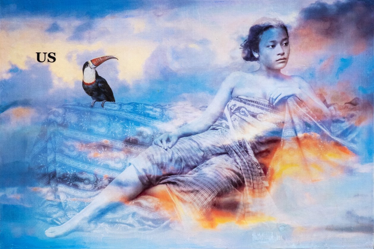 Entre las nubes, 2021 (técnica mixta sobre lienzo) de Olivia Gozzano