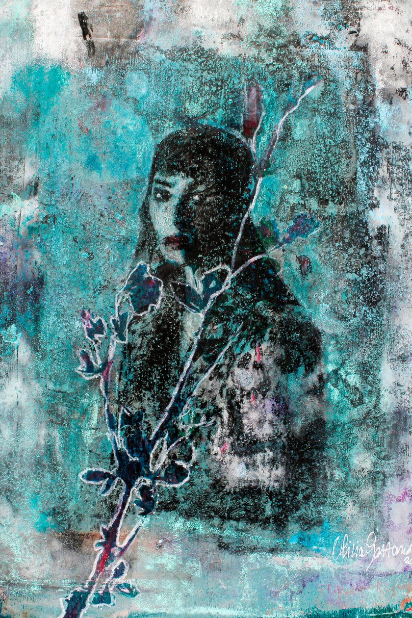 Retrato junto al río, 2023 (técnica mixta sobre papel) de Olivia Gozzano