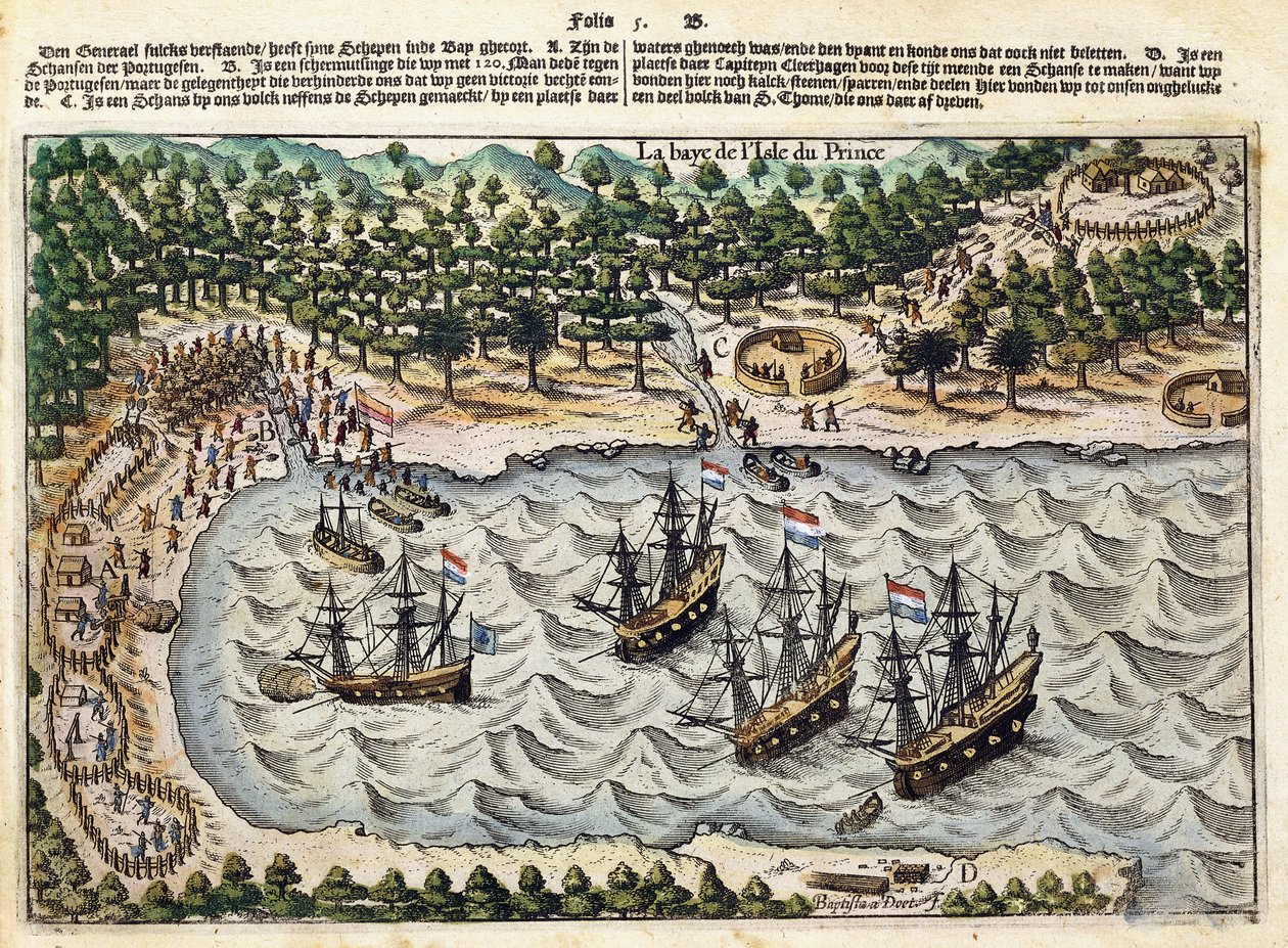 Vista de barco holandés en el puerto, c.1598-1602 de Olivier van Noort
