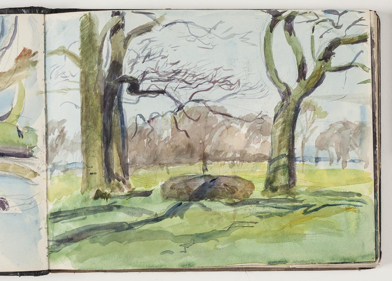 Dos grandes árboles; en el fondo bosque y mar de Oluf Hartmann