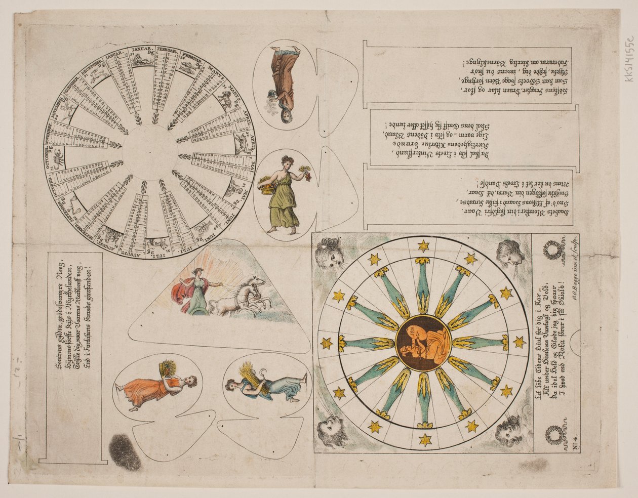 Tabla de ilustración con círculo de almanaque y cinco versos de Oluf Olufsen Bagge