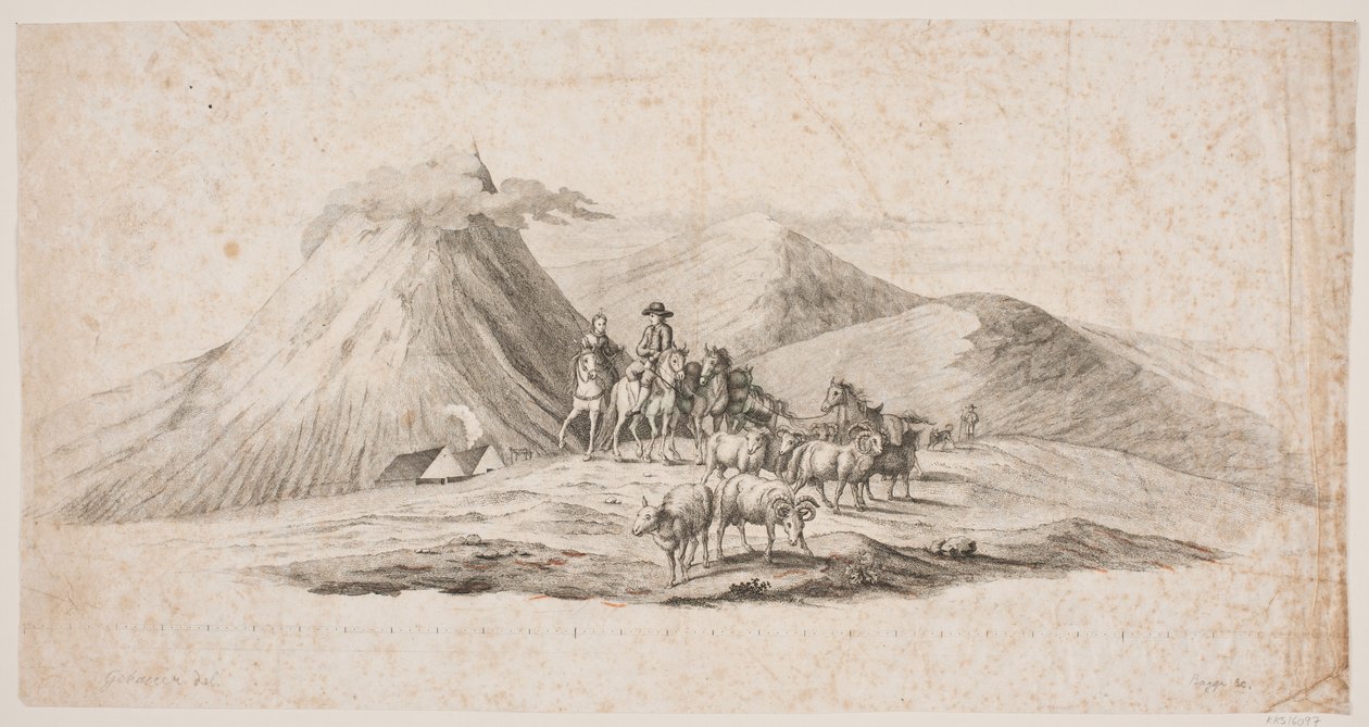 Paisaje islandés con ovejas y jinetes de Oluf Olufsen Bagge