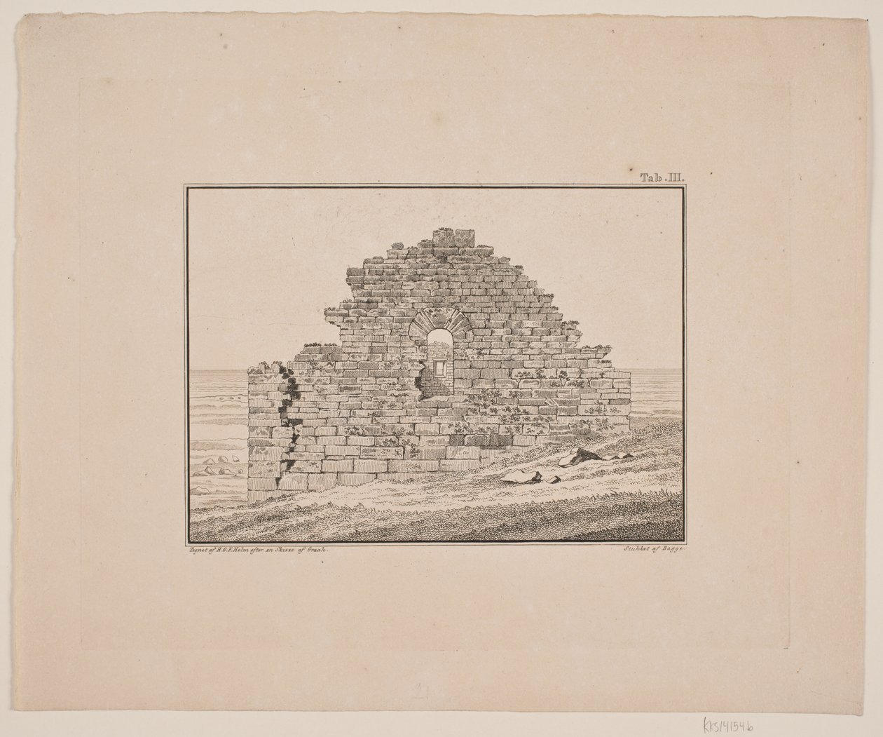 Ruinas de una iglesia en Groenlandia. Ilustración de W.A. Graah. Expedición a la costa este de Groenlandia de Oluf Olufsen Bagge