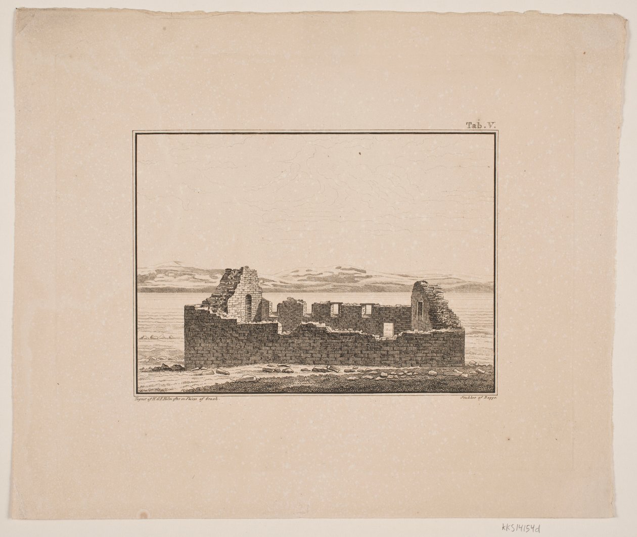 Ruina de iglesia en Groenlandia. Ilustración para W.A. Graah. Viaje de exploración a la costa este de Groenlandia de Oluf Olufsen Bagge
