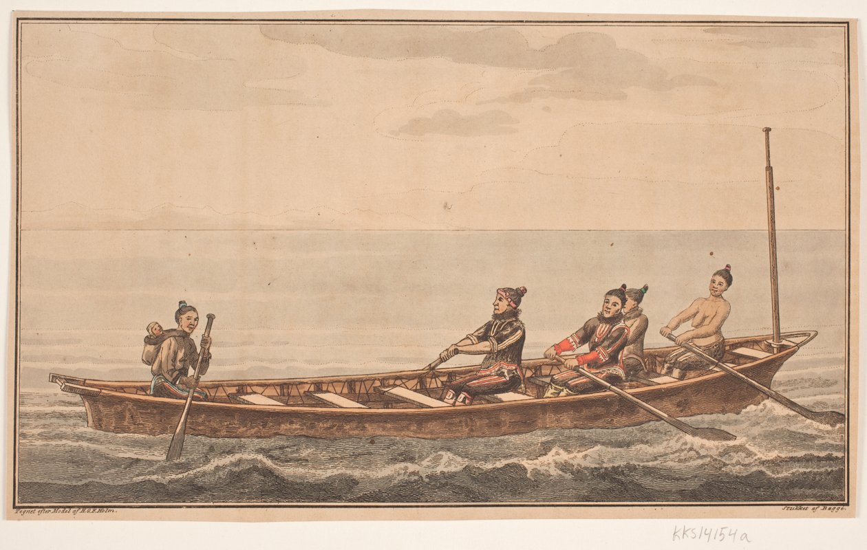 Konebåd. Ilustración de W.A. Graah. Viaje de exploración a la costa este de Groenlandia de Oluf Olufsen Bagge