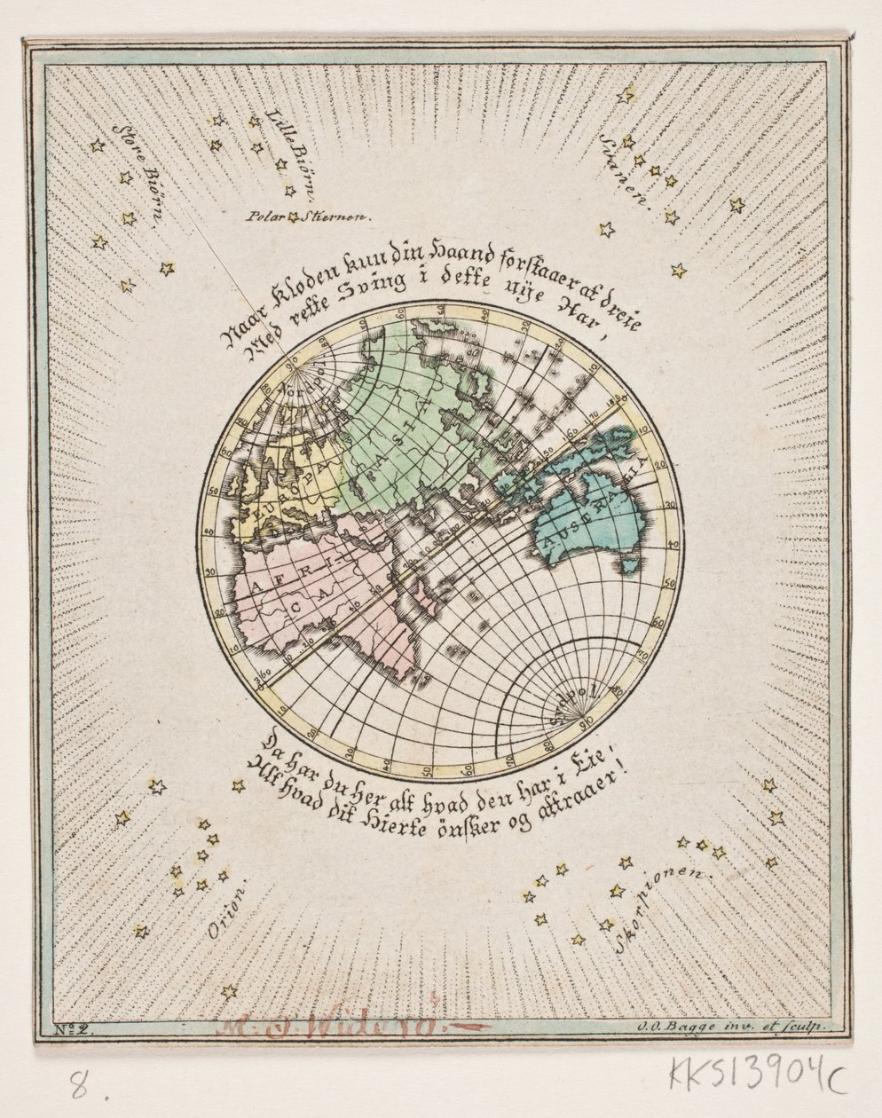 Mapa del mundo con poemas de Oluf Olufsen Bagge