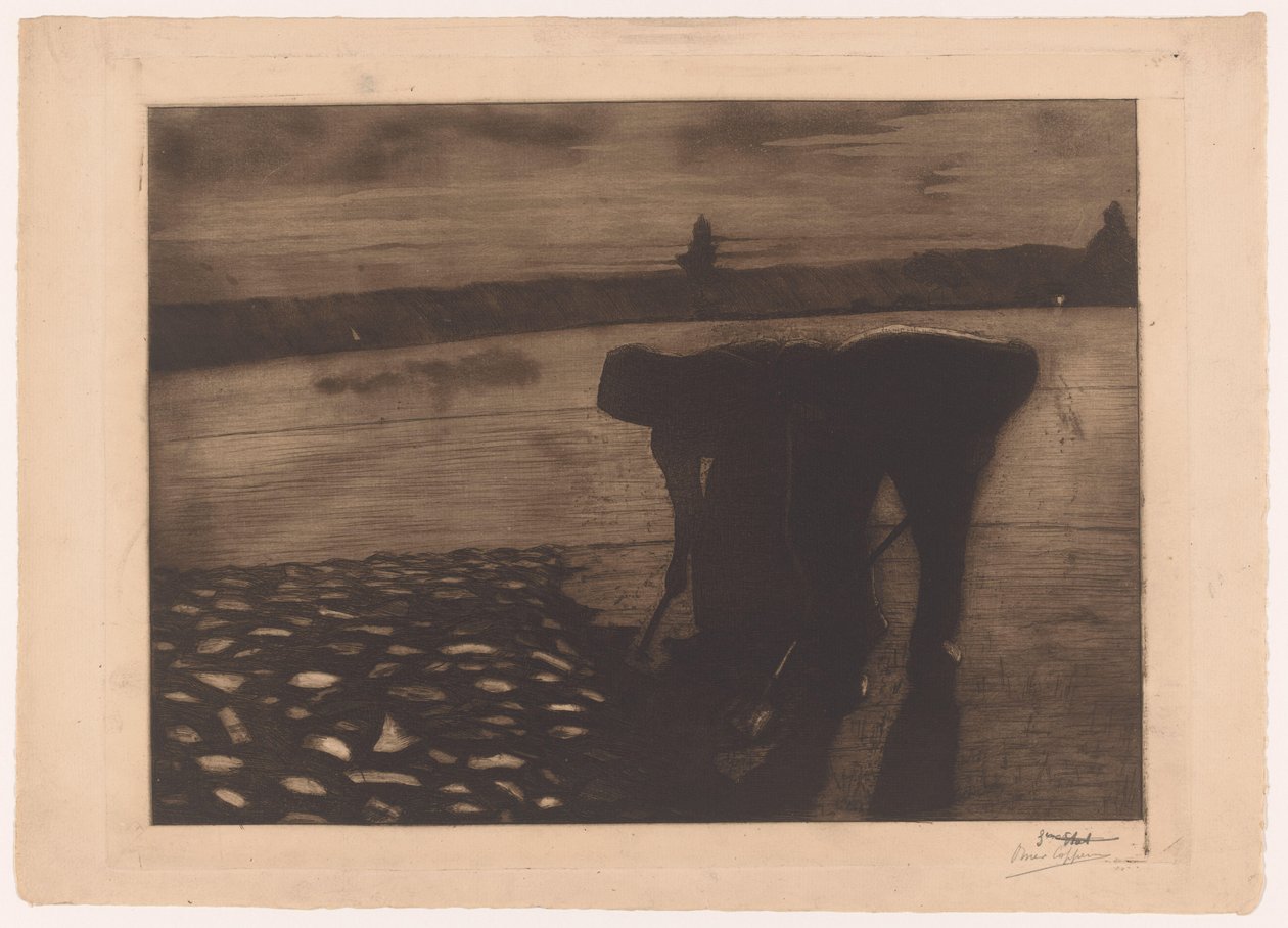 Hombre y mujer trabajan en el lecho de un río por la noche de Omer Coppens (signed by artist)