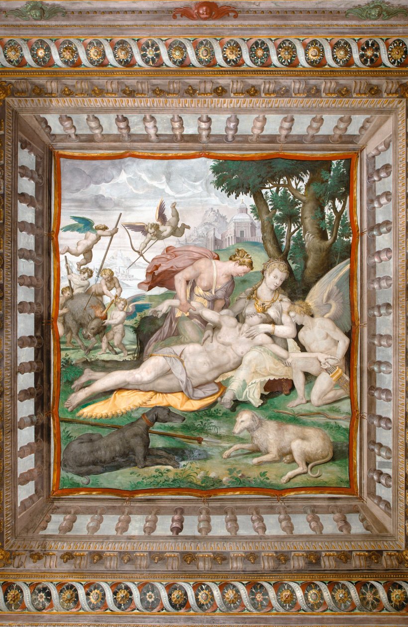 Muerte de Adonis del techo de la Sala de Adonis, Rocca dei Rossi, San Secondo, Parma, Italia, detalle de 2384731 de Orazio (attr.to) Samacchini