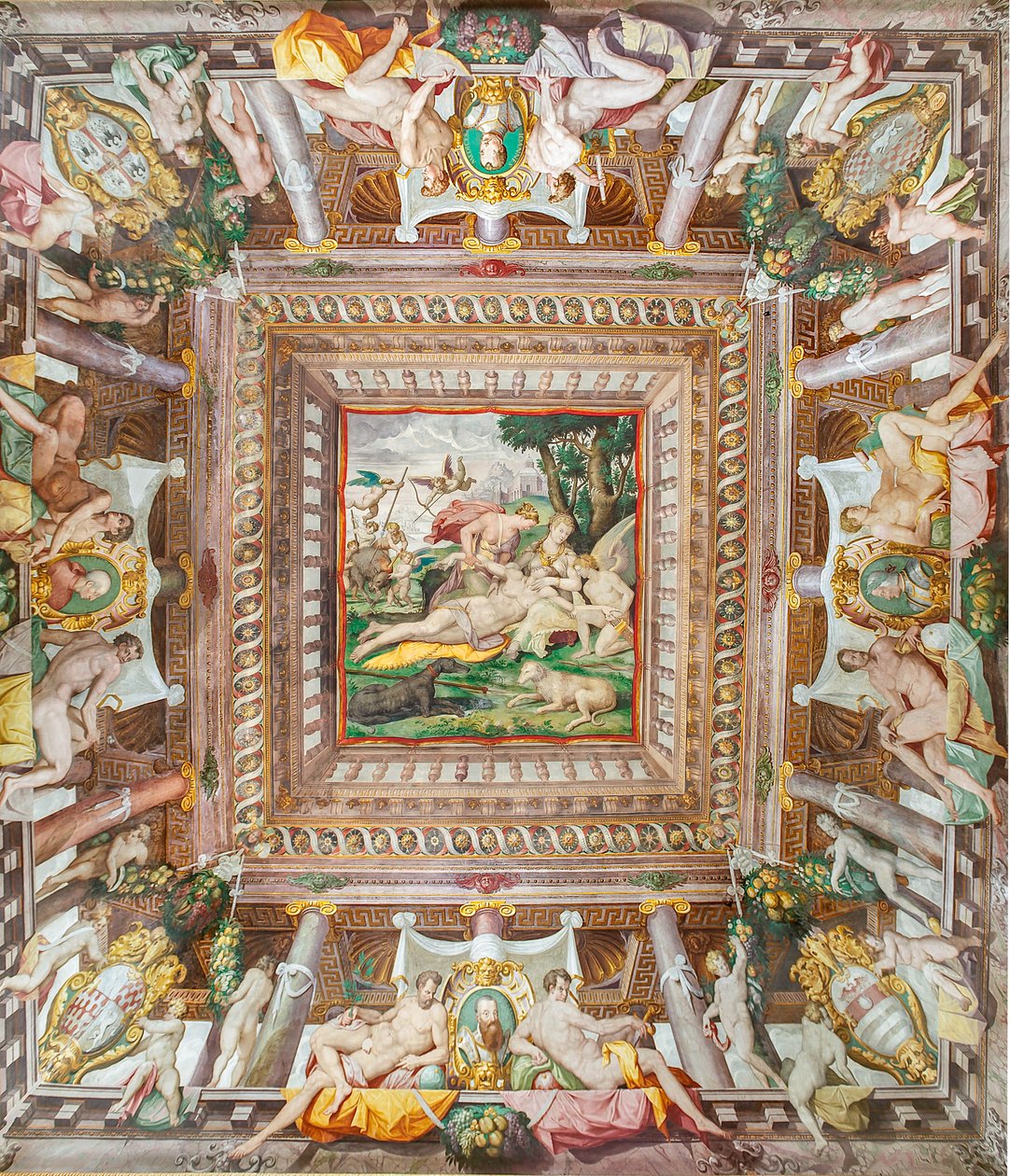 Vista del techo de la Sala de Adonis y de las piedras conmemorativas de los miembros de la familia Rossi, Gonzaga, Riario y Medici, Rocca dei Rossi, San Secondo, Parma, Italia de Orazio (attr.to) Samacchini