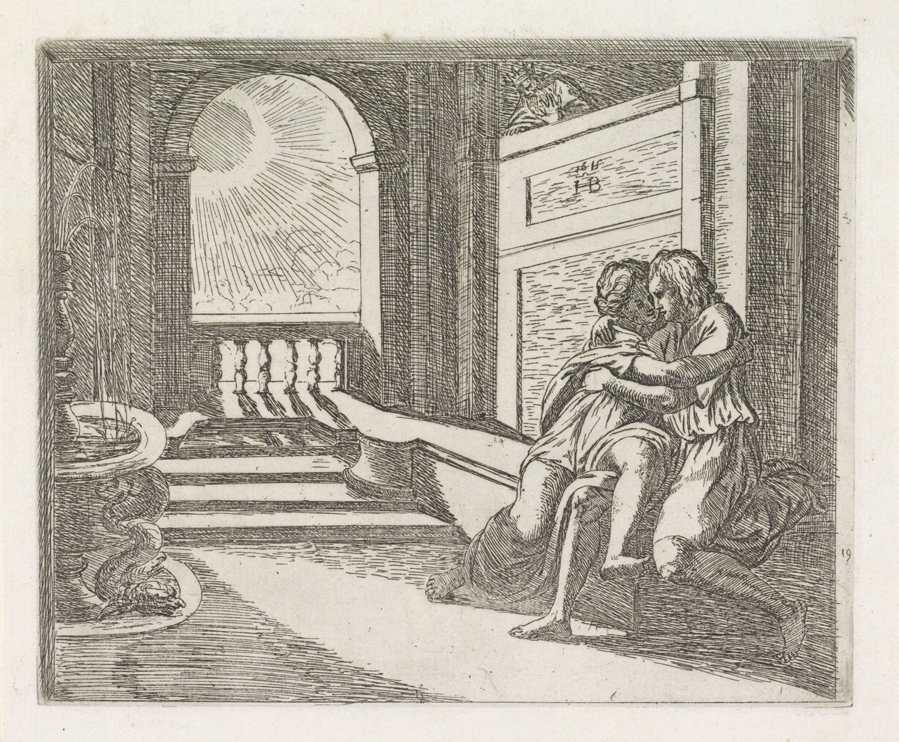 Abimelec ve a Isaac acariciando a Rebeca Pinturas en la Logia de Rafael (título de la serie) de Orazio Borgianni