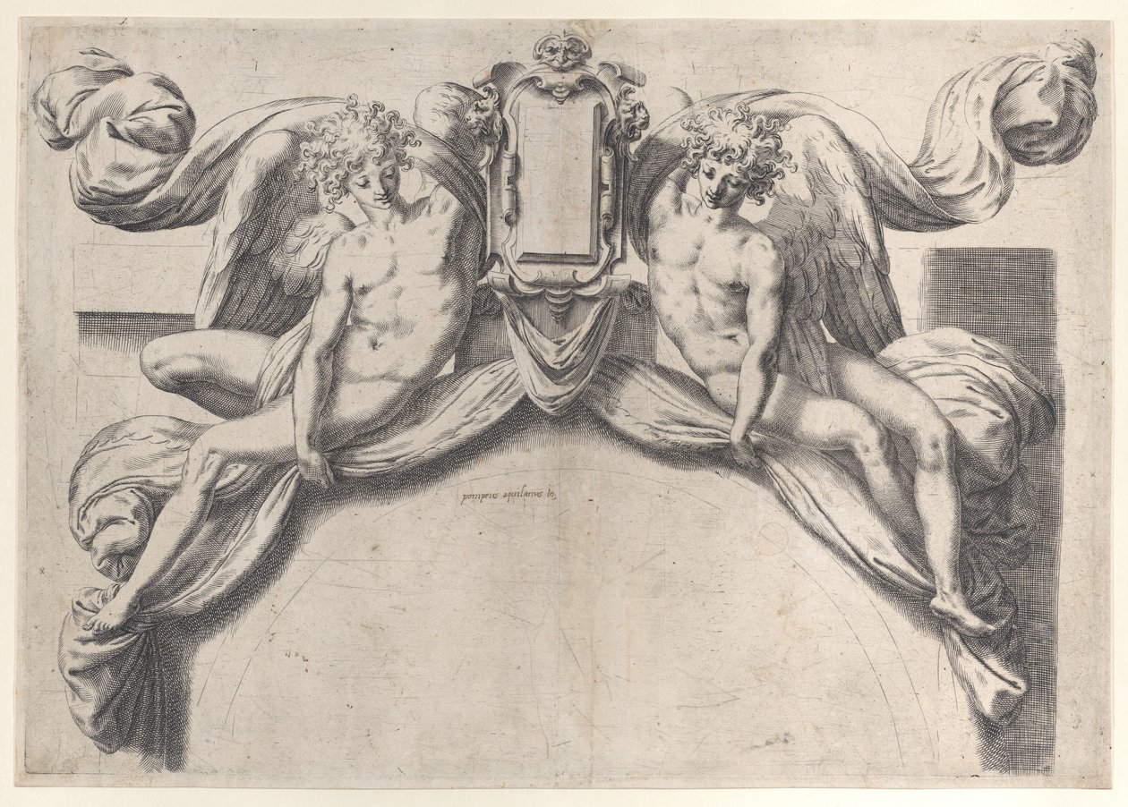 Dos ángeles sosteniendo un cartucho o escudo, 1568-77 de Orazio de Sanctis