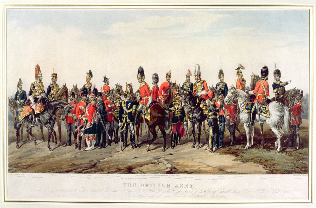 Uniformes del Ejército Británico, grabado por J. Morris, 1859 de Orlando Norie