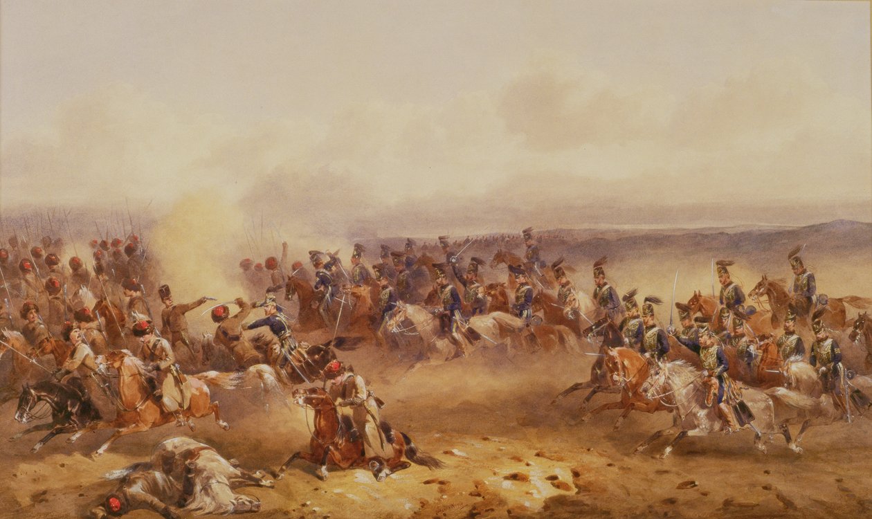 Un escuadrón de los 10º Húsares derrota a los rusos en Tchernaya, 16 de agosto de 1855, c.1890 de Orlando Norie
