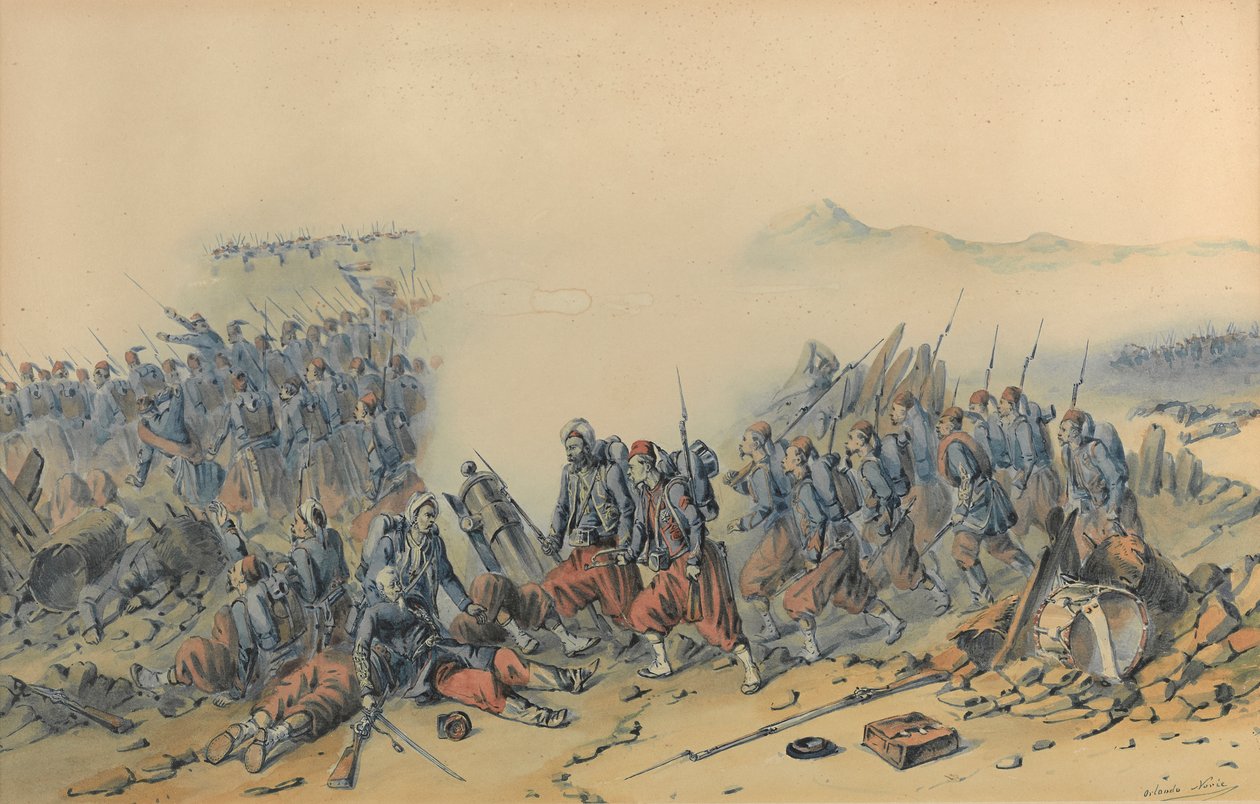 Zuavos con bayonetas (Crimea) (acuarela sobre papel) de Orlando Norie